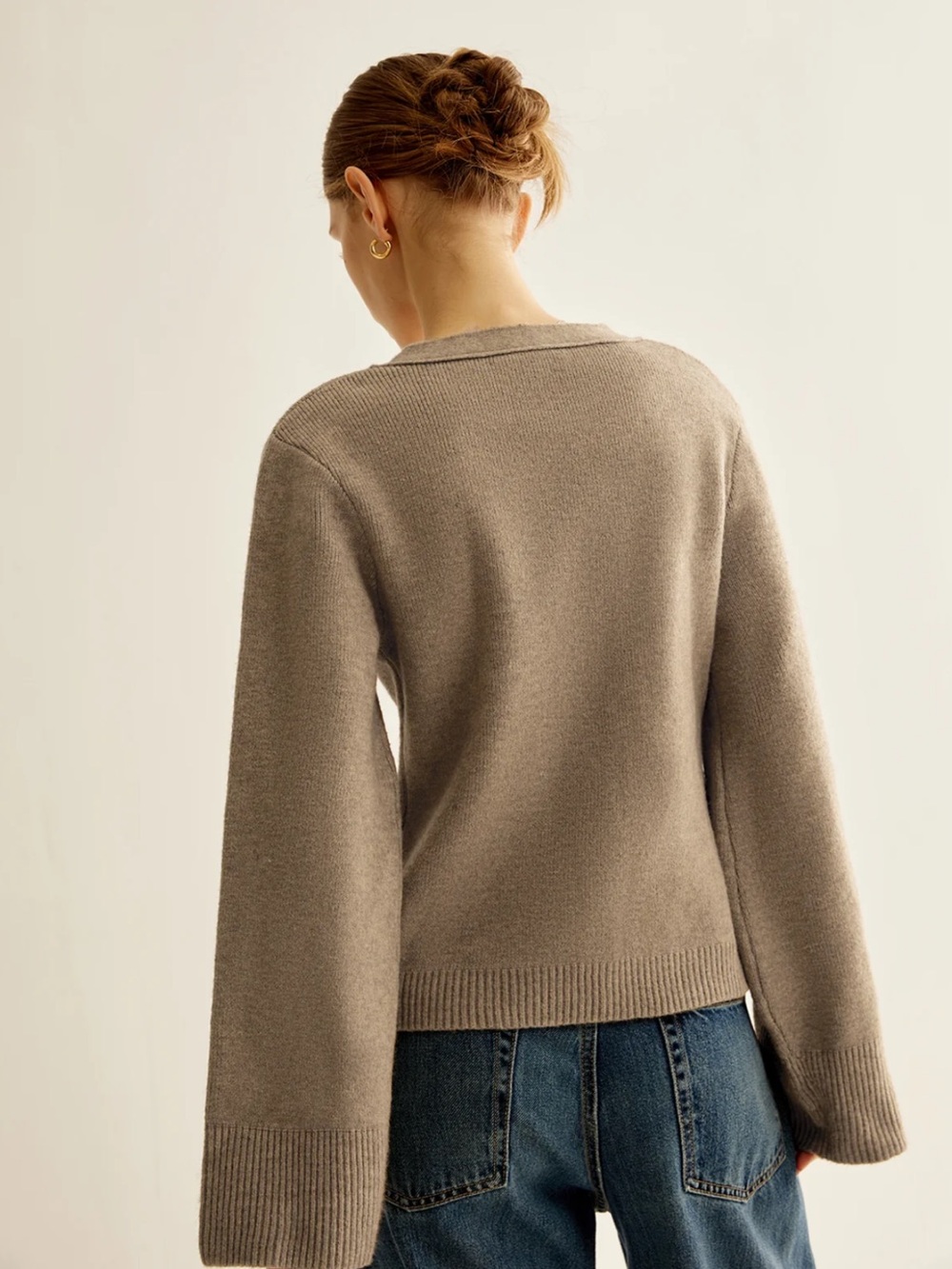 Commense Brown V-Neck Button Cardigan S | Cozy Fall Knit Sweater - Picture 6 of 7